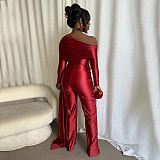 Fashionable Off-Shoulder Cross-Front Ruched Jumpsuit with Flowing Ribbons and Loose Straight Legs XYWL-25JP441