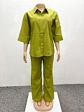 Stylish Solid-color Lapel Shirt and Casual Trousers Two-piece Set QZ-3788
