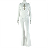 Sexy Hollow-out Solid Color Flared Long-sleeved Jumpsuit JY-006299