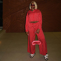 Stylish and Casual Striped Long-sleeved Shirt and High-waisted Wide-leg Pants Two-piece Set QZ-6903