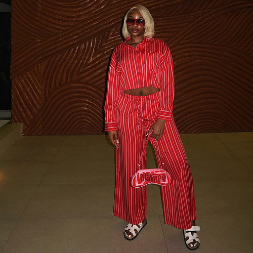 Stylish and Casual Striped Long-sleeved Shirt and High-waisted Wide-leg Pants Two-piece Set QZ-6903