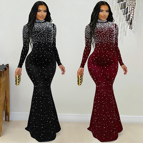 Fashionable and Elegant High-Neck Rhinestone and Bead Embellished Bodycon Dress BY-7622