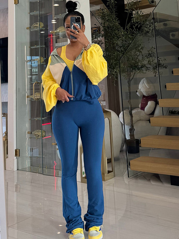 Casual Patchwork Sleeveless Slim-fit Base Layer Shirt and Straight-leg Pants Three-piece Set RS-5074