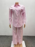 Casual Loose-fitting Long-sleeved Shirt and Wide-leg Pants Two-piece Set QZ-3682
