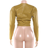 Stylish Zippered Long-sleeved Round-neck Solid-color Pleated Slim-fit Short Leather Jacket DLS-88954