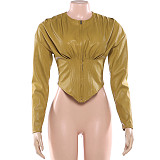 Stylish Zippered Long-sleeved Round-neck Solid-color Pleated Slim-fit Short Leather Jacket DLS-88954
