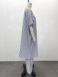 Stylish Casual Striped Shirt and High-waisted Wide-leg Pants Two-piece Set QZ-7231
