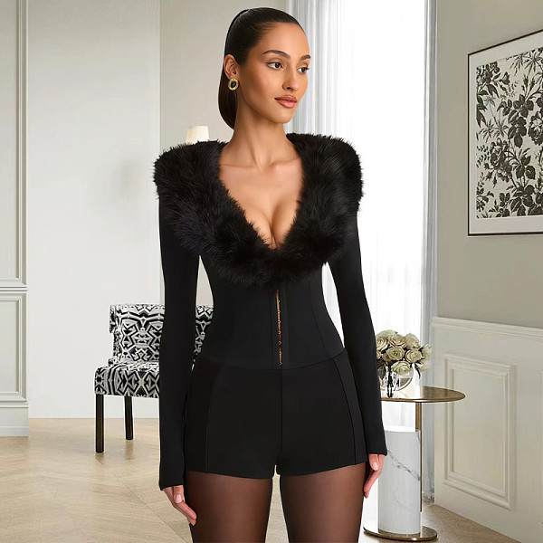 2025 Sexy Slim-Fit Jumpsuit With Fur Collar and Long Sleeves for Evening Parties SHD-9595