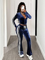 Solid Color Zip-up Stretch Striped Long-sleeved Jacket and Drawstring Pants Set XS-1857