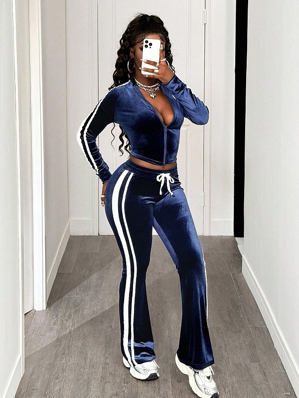 Solid Color Zip-up Stretch Striped Long-sleeved Jacket and Drawstring Pants Set XS-1857