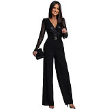 Sexy Deep V-neck Sequined Long-sleeved Loose Jumpsuit CYA-902224