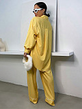 Stylish Striped Lapel Long-sleeved Shirt and Elastic Waist Trousers Set RS-T063