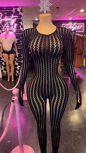 Sexy Sheer Seamless Striped Jacquard Long-sleeved Jumpsuit LCYM-8335