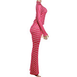 New Striped Print Crew Neck Long-sleeved Top and Slim-fit Pants Set ZJQD-89586