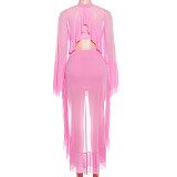 New Solid Color Mesh Panel Loose Top and Skirt Set ZJQD-89406