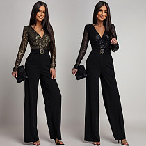 Sexy Deep V-neck Sequined Long-sleeved Loose Jumpsuit CYA-902224