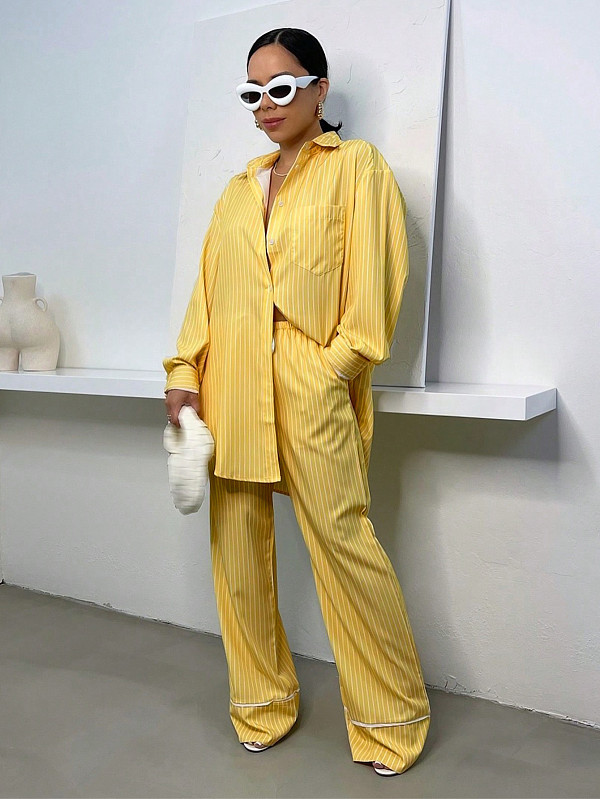 Stylish Striped Lapel Long-sleeved Shirt and Elastic Waist Trousers Set RS-T063
