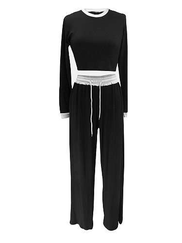 Casual Sportswear Black Zip-Up Long-Sleeved Top and High-Waisted Loose Pants Set HANI-TK105
