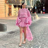 New Solid Color Mesh Panel Loose Top and Skirt Set ZJQD-89406