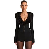 2025 Sexy Slim-Fit Jumpsuit With Fur Collar and Long Sleeves for Evening Parties SHD-9595