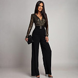 Sexy Deep V-neck Sequined Long-sleeved Loose Jumpsuit CYA-902224
