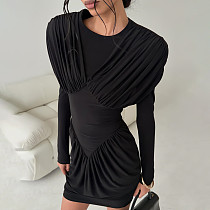 2025 Sexy Solid Color Slim-Fit Ruched Bodycon Dress SXE-87871