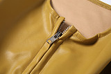 Stylish Zippered Long-sleeved Round-neck Solid-color Pleated Slim-fit Short Leather Jacket DLS-88954