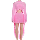 New Solid Color Mesh Panel Loose Top and Skirt Set ZJQD-89406
