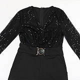 Sexy Deep V-neck Sequined Long-sleeved Loose Jumpsuit CYA-902224