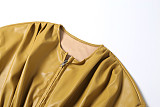Stylish Zippered Long-sleeved Round-neck Solid-color Pleated Slim-fit Short Leather Jacket DLS-88954
