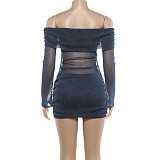 Sexy See-Through Off-Shoulder Solid Color Glitter Bodycon Dress SXE-89422