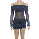 Sexy See-Through Off-Shoulder Solid Color Glitter Bodycon Dress SXE-89422