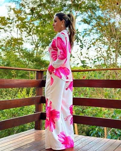 Stylish Zebra Print Long-sleeved Cardigan Shirt and Trousers Two-piece Set QZ-382