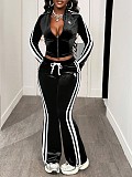 Solid Color Zip-up Stretch Striped Long-sleeved Jacket and Drawstring Pants Set XS-1857