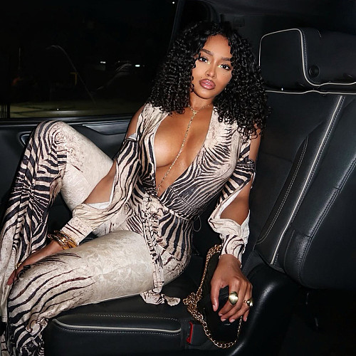 Sexy Deep V-Neck Off-Shoulder Top and High-Waisted Flared Pants Jumpsuit SXE-89517