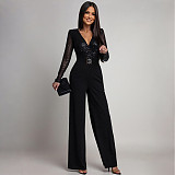 Sexy Deep V-neck Sequined Long-sleeved Loose Jumpsuit CYA-902224