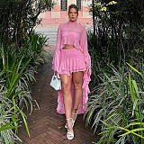 New Solid Color Mesh Panel Loose Top and Skirt Set ZJQD-89406