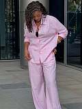 Casual Studded Solid Color Lapel Long-sleeved Shirt and Trousers Two-piece Set QZ-7778