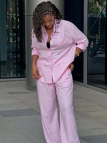 Casual Studded Solid Color Lapel Long-sleeved Shirt and Trousers Two-piece Set QZ-7778