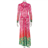 Stylish Printed Color-block High-neck Long-sleeved Bodycon Dress With Tie Detail JY-303753