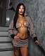 Fashion Striped Bikini Top Hooded Short Jacket and Hip-Hugging Skirt Set XS-2040
