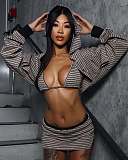 Fashion Striped Bikini Top Hooded Short Jacket and Hip-Hugging Skirt Set XS-2040