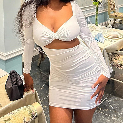 Sexy Solid Color V-neck Backless Ruched Bodycon Dress JY-576677