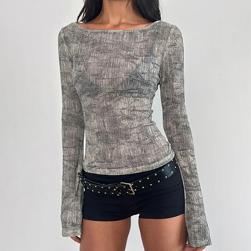 Sexy Color-block Striped Sheer Fitted Top With Flared Sleeves XS-25TP252