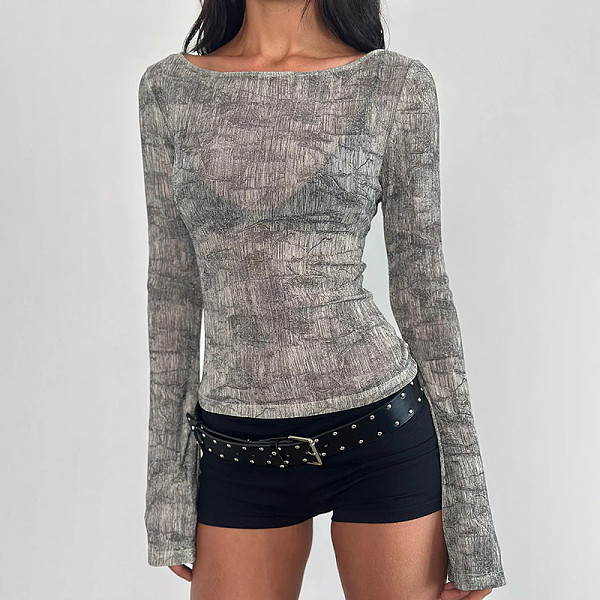 Sexy Color-block Striped Sheer Fitted Top With Flared Sleeves XS-25TP252