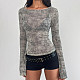 Sexy Color-block Striped Sheer Fitted Top With Flared Sleeves XS-25TP252