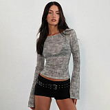 Sexy Color-block Striped Sheer Fitted Top With Flared Sleeves XS-25TP252