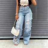 Fashion Multi-Pocket Buttoned Washed Distressed Loose Straight-Leg Jeans RS-2571
