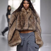 Autumn/Winter Faux Fur Jacket with Long Sleeves Dyed Tips and Short Length ZNFR-24036