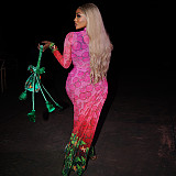 Stylish Printed Color-block High-neck Long-sleeved Bodycon Dress With Tie Detail JY-303753